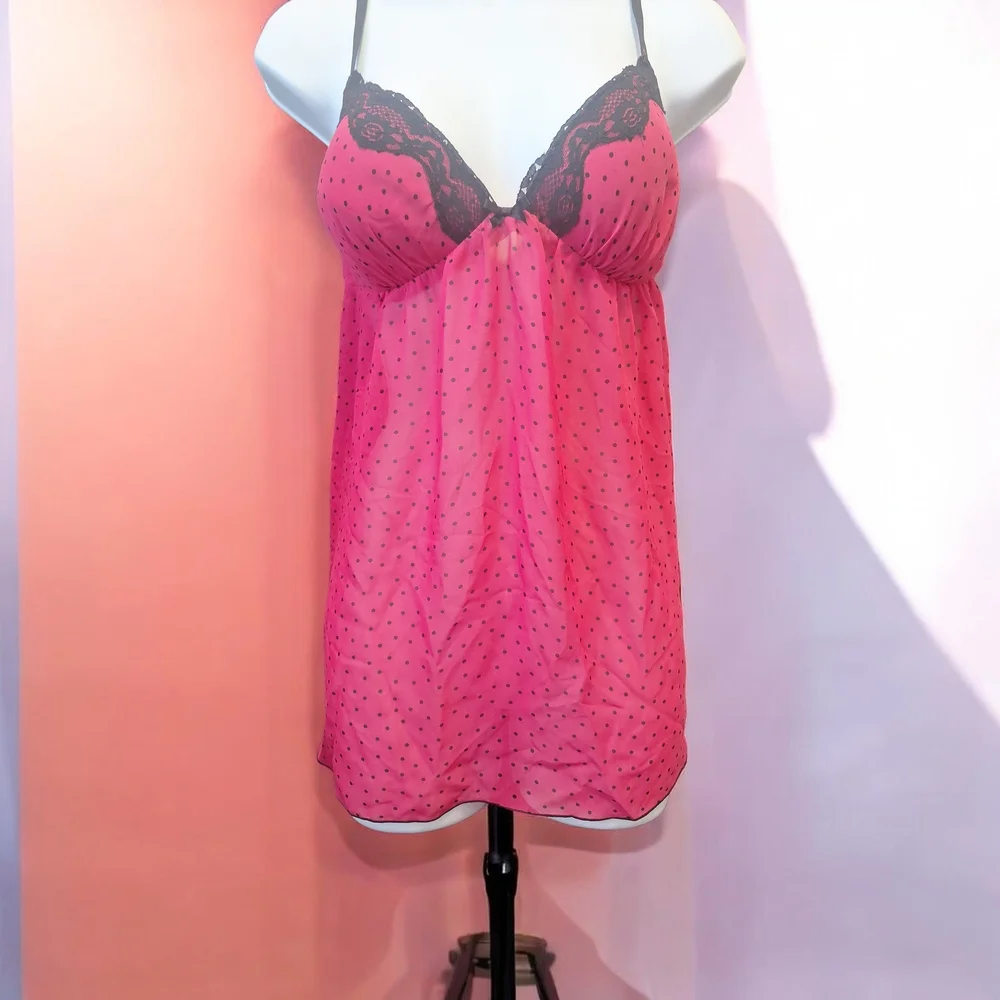 Chic Pink Polka Dot Chemise with Lace Detail Small. Valentines Day